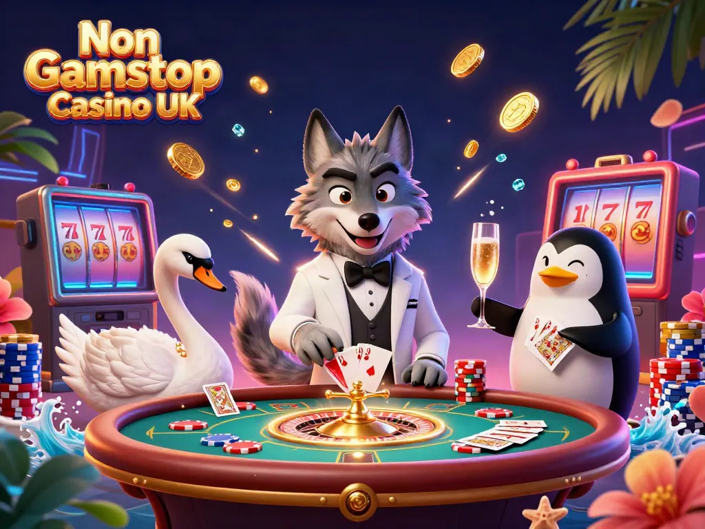 Experience excitement at a Non Gamstop Casino UK with card-dealing swans and debonair wolves amidst gold coins.