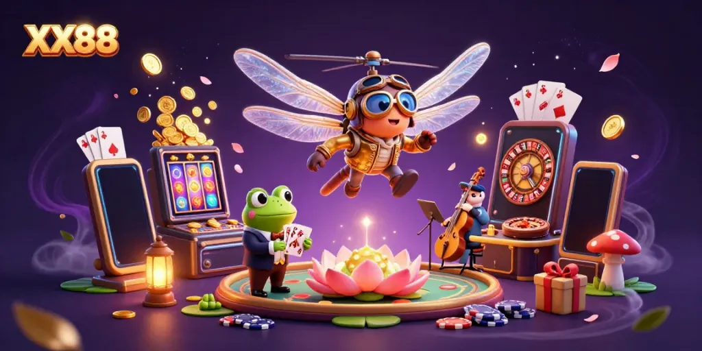 Experience the thrill of XX88 casino with a vibrant dragonfly pilot and frog croupier in a lively gambling scene.