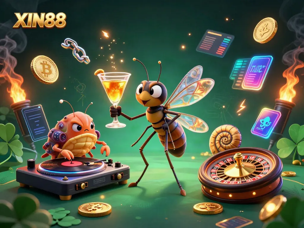 XIN88 casino mascot features a frozen mosquito and trilobite DJ, surrounded by Bitcoin and Ethereum coins.