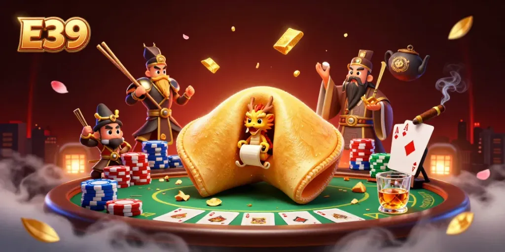 E39 showcases a vibrant 3D casino scene with a golden fortune cookie, poker elements, and dynamic characters