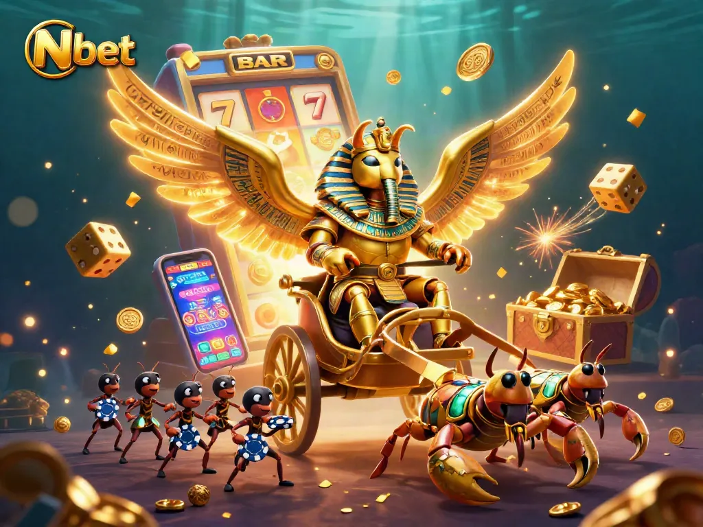 N bet slot machine scene with a golden scarab beetle, scorpions, and poker chips bursting with casino excitement.