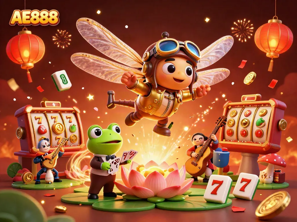 Watch the dragonfly pilot and frog croupier at AE888 casino amidst vibrant, dynamic gaming elements.