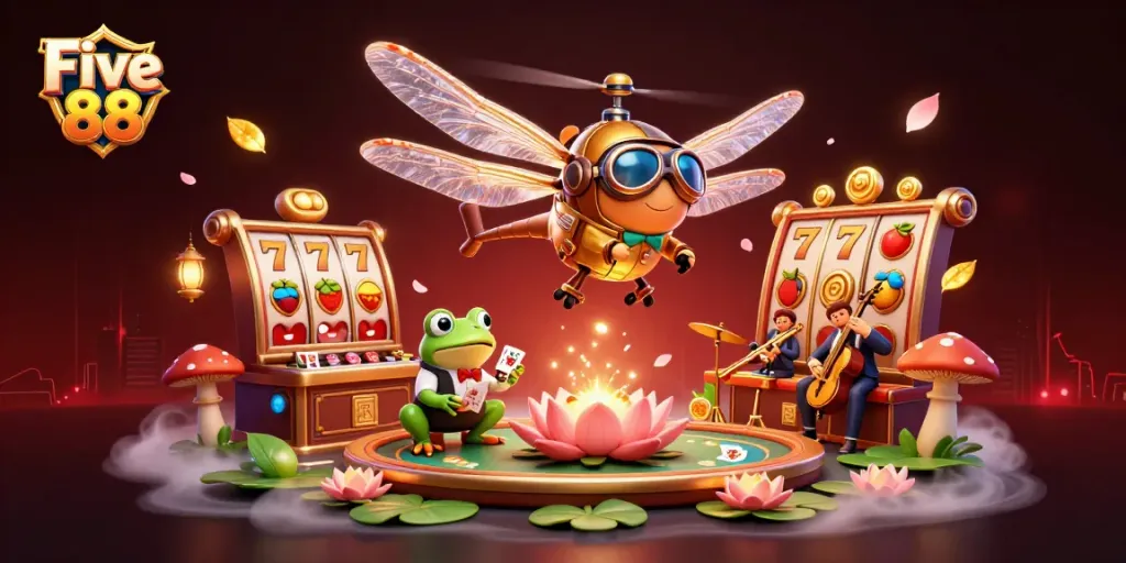 Engage with Five 88's vibrant slots scene featuring an energetic dragonfly pilot and frog croupier.