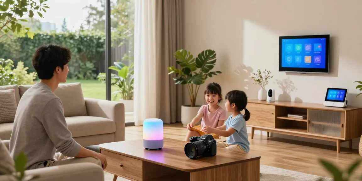 Family interacting with smart home gadgets in a stylish living room featuring smart lighting and a voice assistant.
