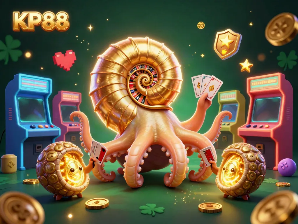 Engage in KP88's vibrant online casino scene with a roulette wheel nautilus and glowing companions.