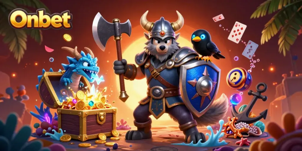 Experience the thrill of Onbet with this vibrant 3D casino scene featuring a heroic Viking and treasures.
