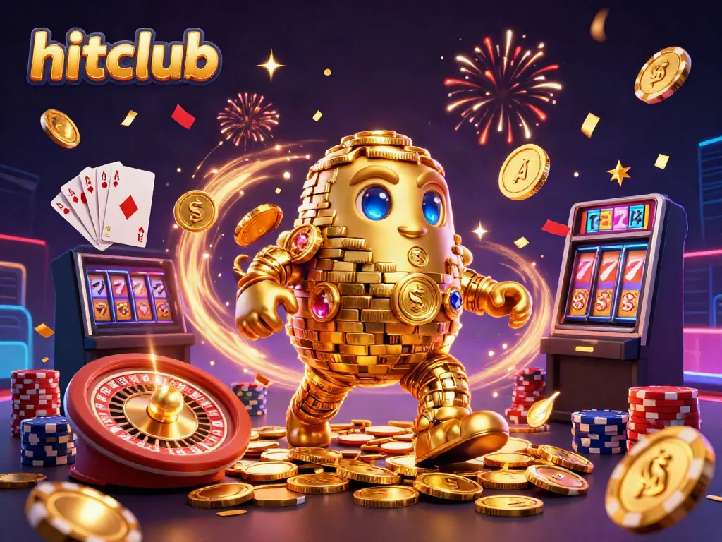 Experience thrilling gameplay with the hitclub's dynamic 3D golden golem amidst sparkling casino elements.