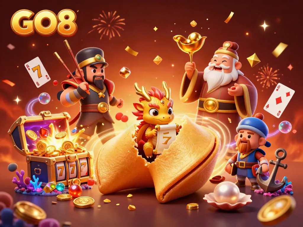 Experience the excitement of GO8 slots with golden elements, festive confetti, and dynamic characters in vibrant casino action.