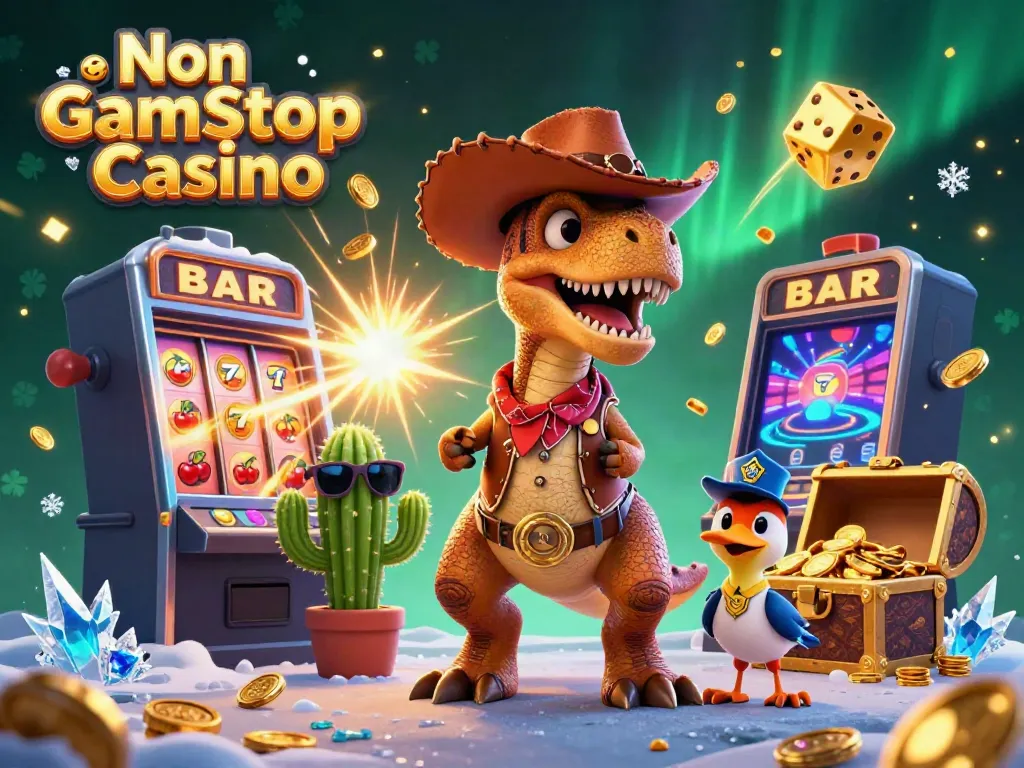 Join the fun at Non Gamstop Casino with a lively scene featuring a T-Rex and friends winning big!