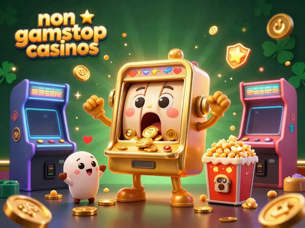Experience winning moments at non gamstop casinos with this vibrant 3D illustration of a joyful slot machine jackpot.