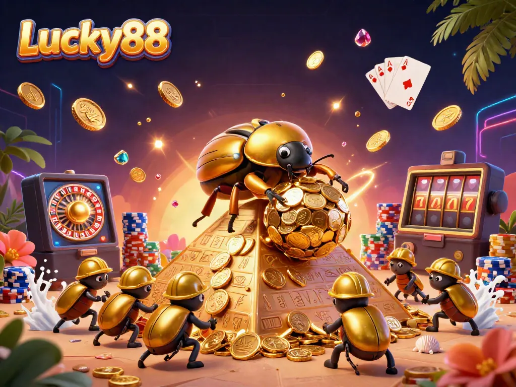 Experience the excitement of Lucky88 with a dynamic illustration featuring golden beetles and casino elements.