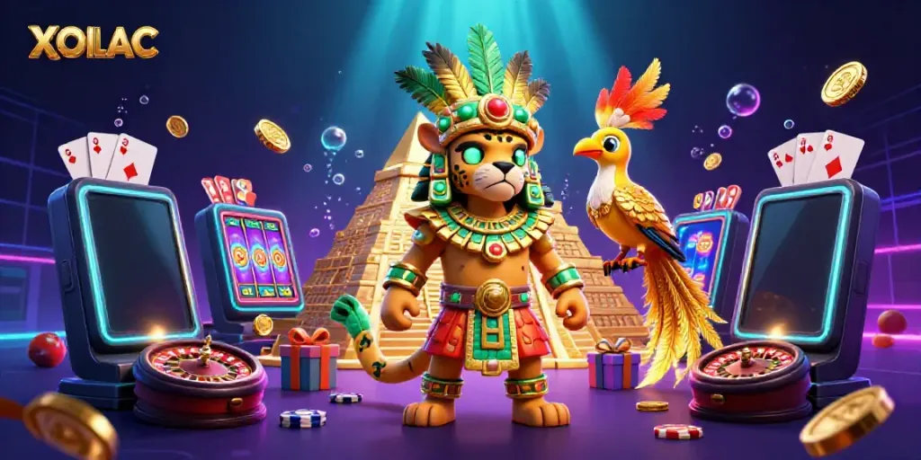 Experience the thrill of casino action with XOILAC's vibrant 3D illustration featuring dynamic gaming elements and characters.
