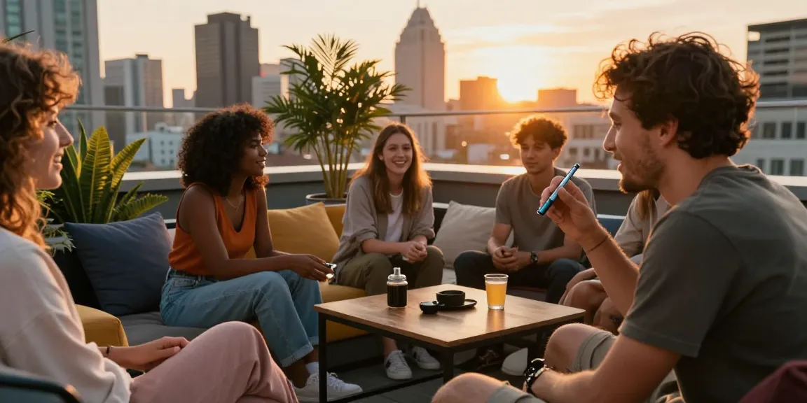 Group of friends enjoying a rooftop gathering, using THC pens with a vibrant city skyline backdrop.