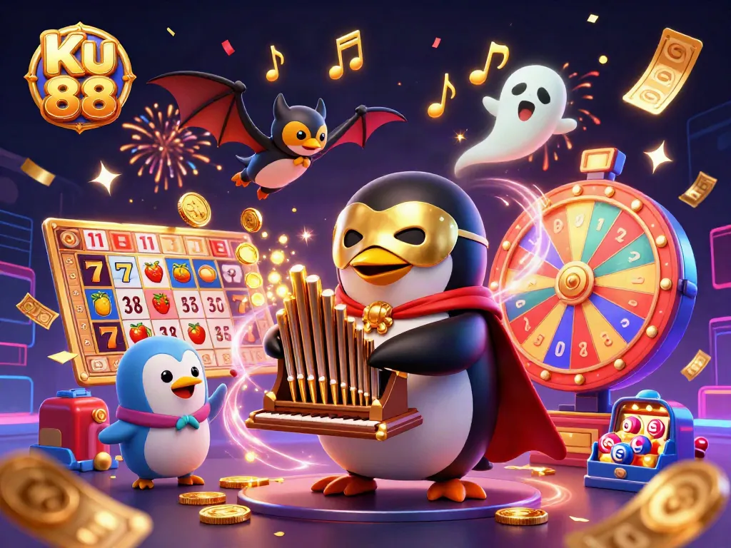 Bet on Ku 88 with vibrant slot reels and lucky 7s, promoting engaging casino experiences.