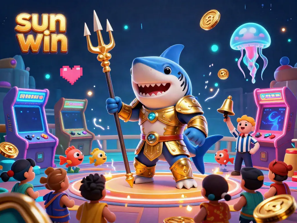 Engage in thrilling underwater games at sun win, featuring a fierce tiger shark championing fun in a vibrant colosseum.