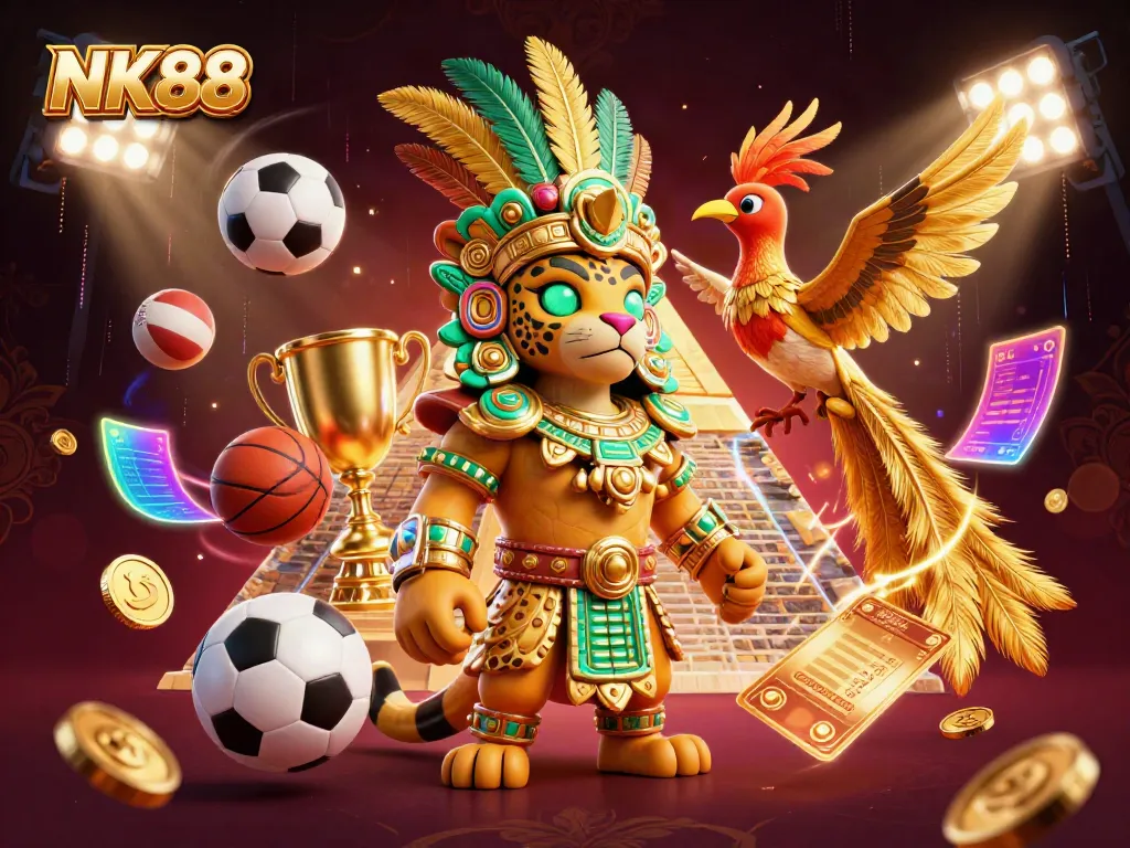 NK88 sports betting action scene depicting a Mayan jaguar priest with dynamic sports elements around