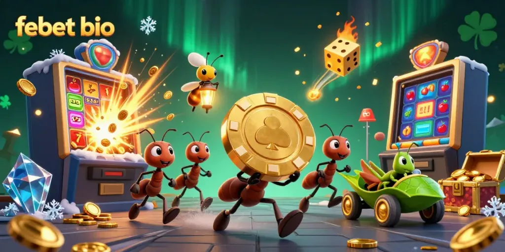 Experience the fun at febet bio with a team of cartoon ants heisting a giant poker chip amidst vibrant casino elements.