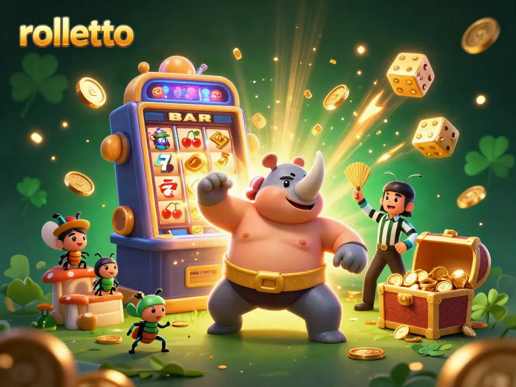 Experience rolletto's gaming excitement with a vibrant 3D scene featuring a beetle champion amidst flying coins and slot machines.