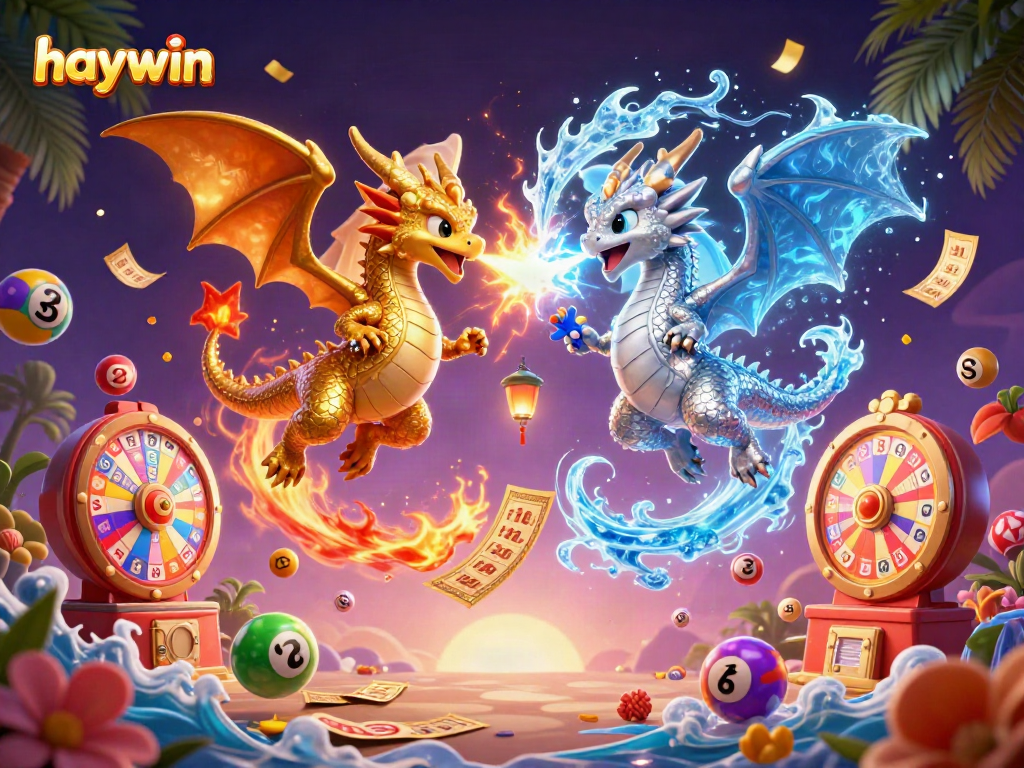 Experience the excitement of gaming with haywin; golden and silver dragons amidst vibrant lottery elements.