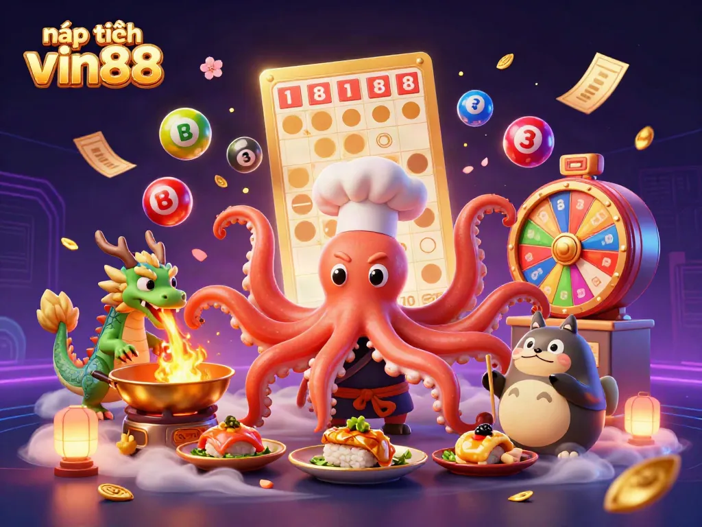 Experience exciting gaming with nạp tiền vin88 as a vibrant octopus chef prepares golden dishes.