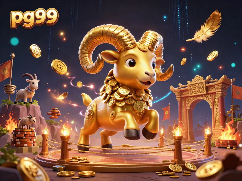Engage with pg99 in an exhilarating casino scene featuring a golden ram amidst action-filled gambling elements.