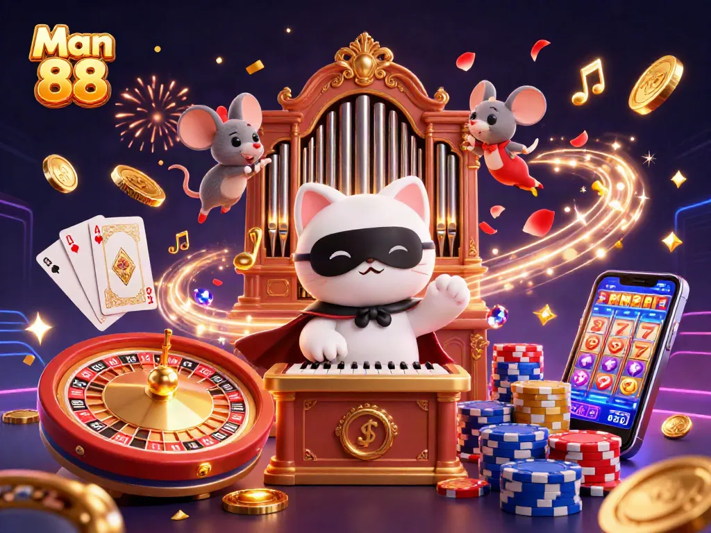 Experience excitement at Man 88 with cascading golden coins, a charming phantom cat, and a vibrant casino atmosphere.