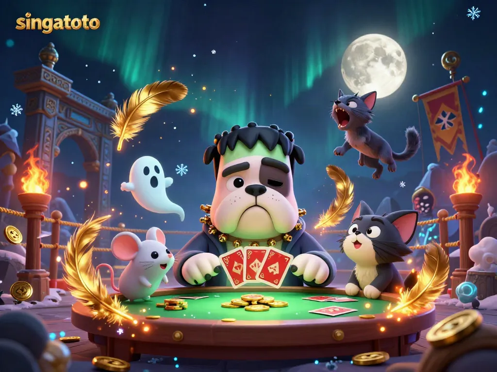 Experience the thrill of singatoto as the Frankenstein bulldog deals cards in a ghostly casino scene filled with gold.