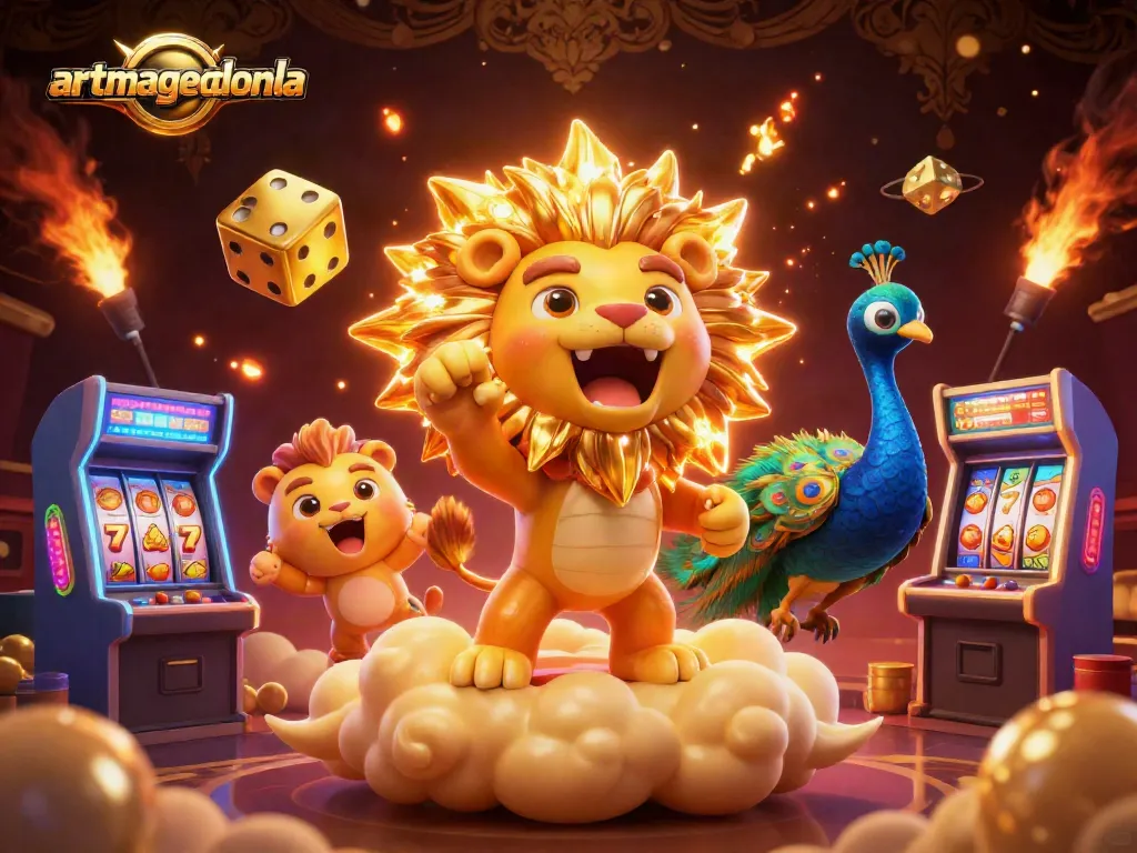 Experience thrilling slots at artmageddonla with a vibrant, dynamic casino illustration featuring golden elements.