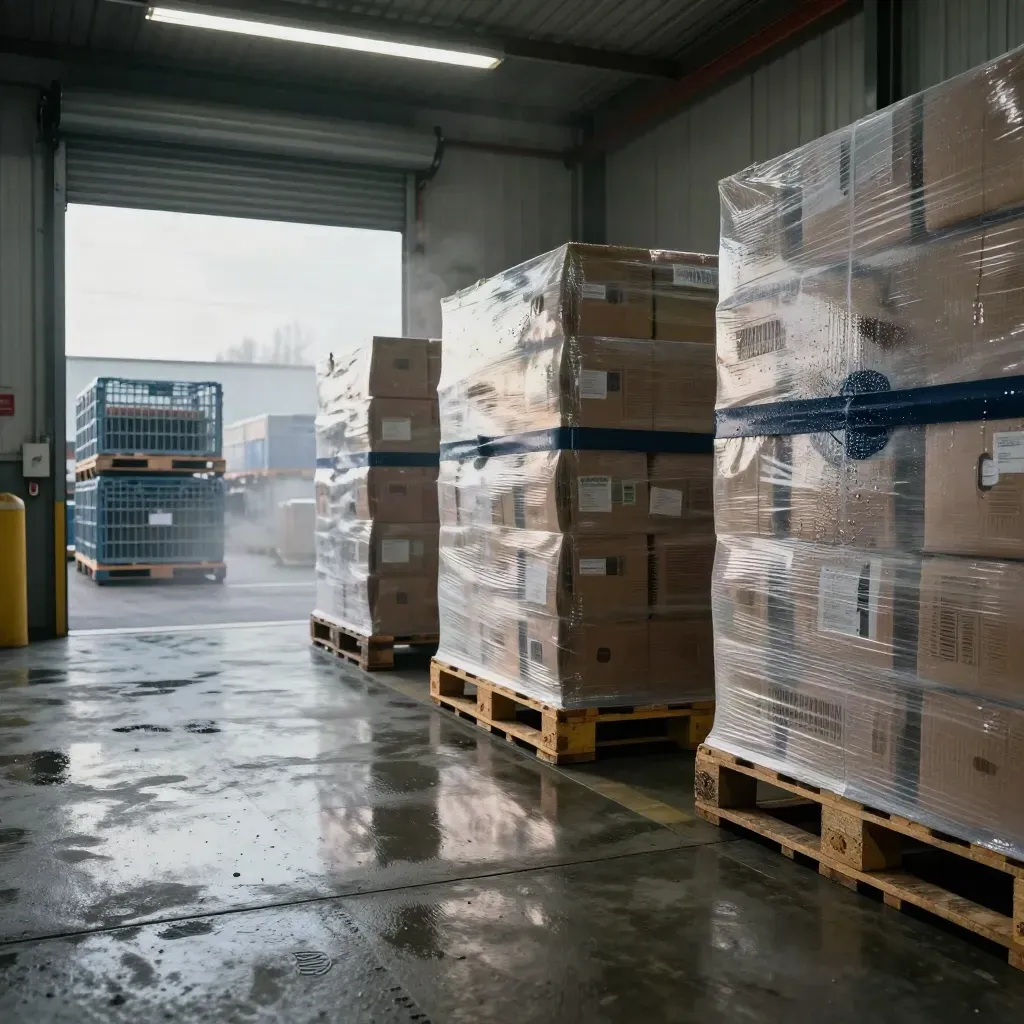 Damp UK warehouse loading bay at dawn with shrink-wrapped pallets, cartons and misty light.