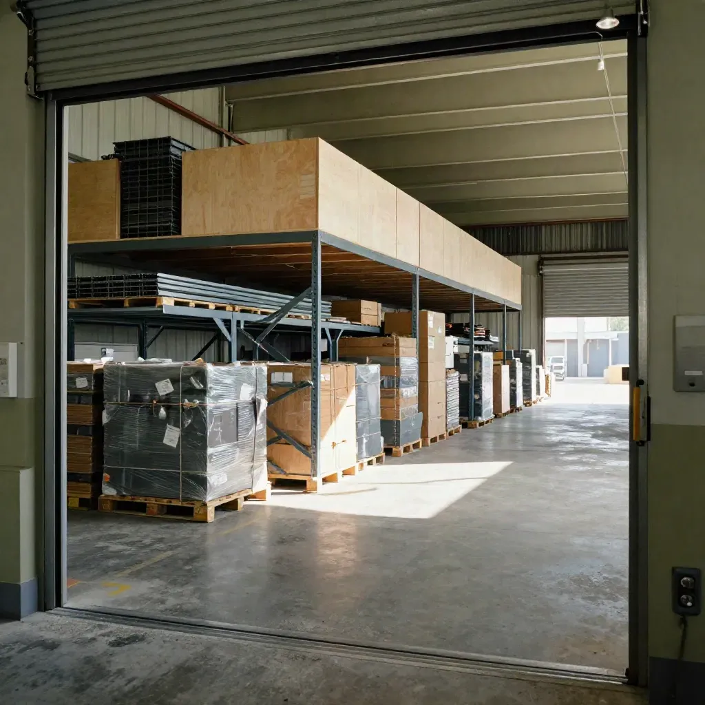 Expanded industrial unit with pallet racking, wrapped crates and a new mezzanine in dramatic light.