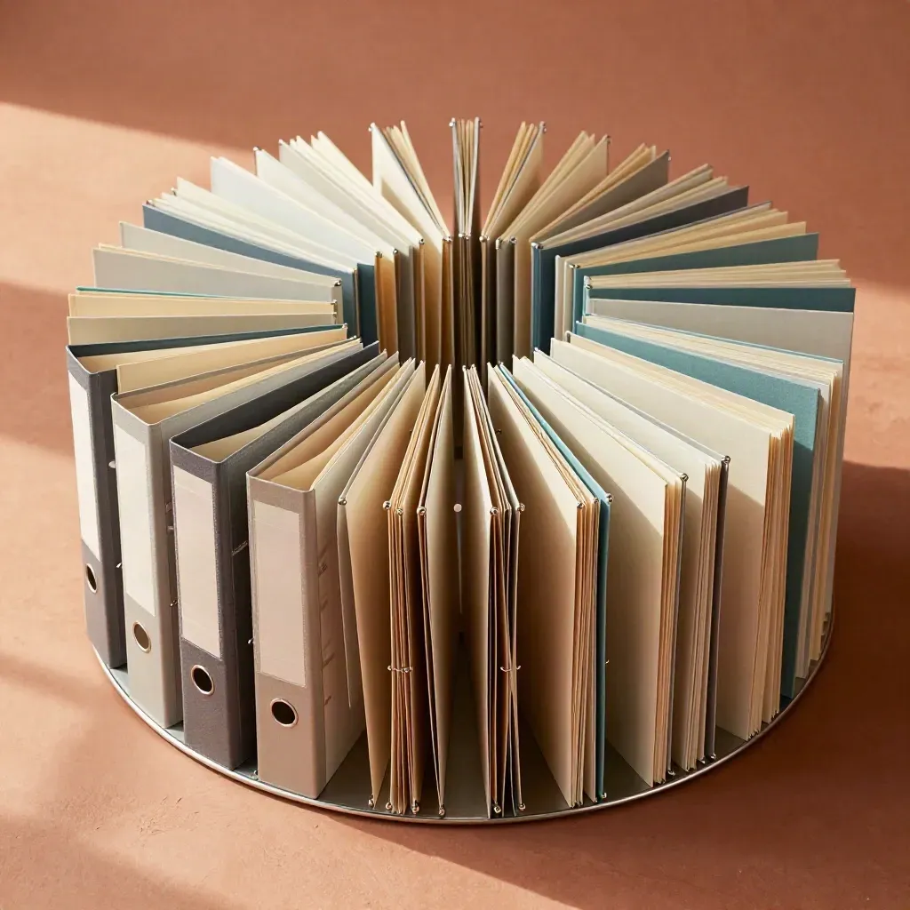 Top-down binders and file rails arranged in a precise circular finance system on warm clay.