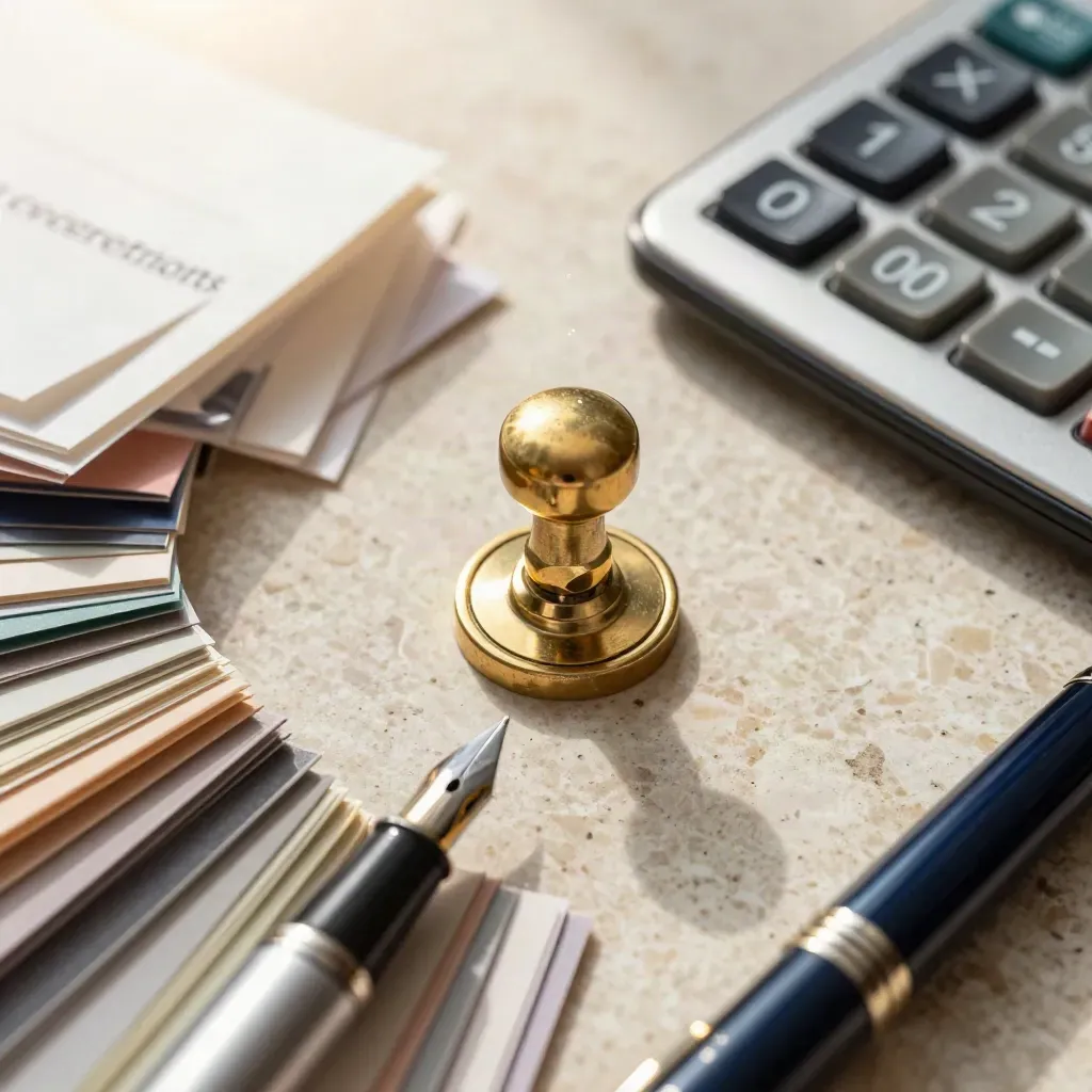 Macro overhead of lender binders, brass seal, calculator and pen on travertine stone