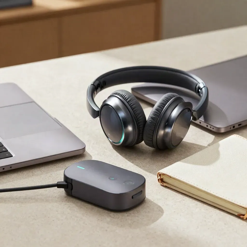 Headset, closed laptop, dock, and notebook on a stone desk in soft side light.