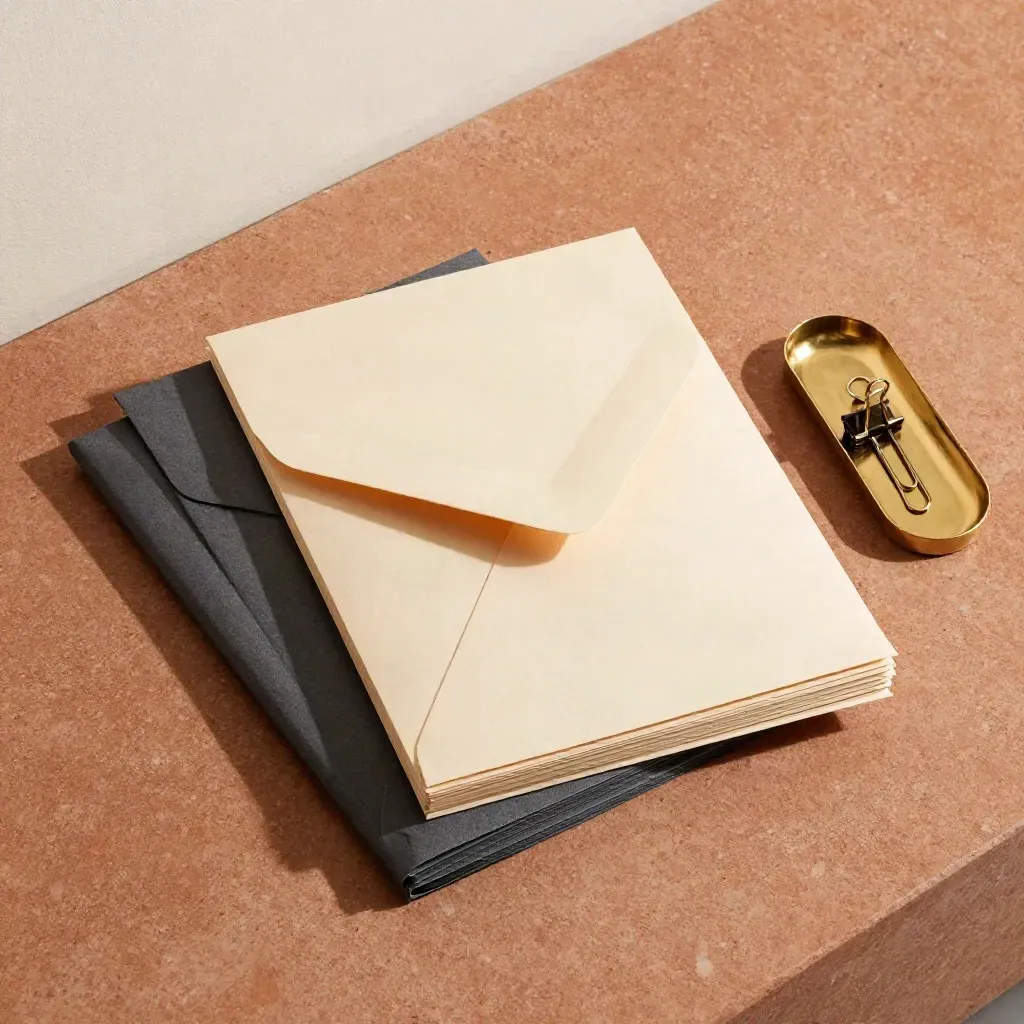 Top-down still life of file wallets, a ring-bound folio and brass tray on warm stone.