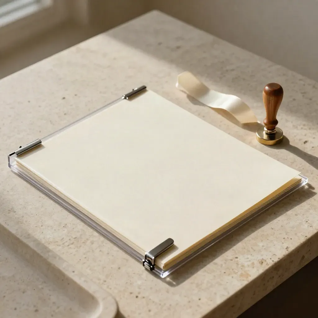 Acrylic folder sleeve, wax stamp, and folded agreement folder on pale stone, seen from above.