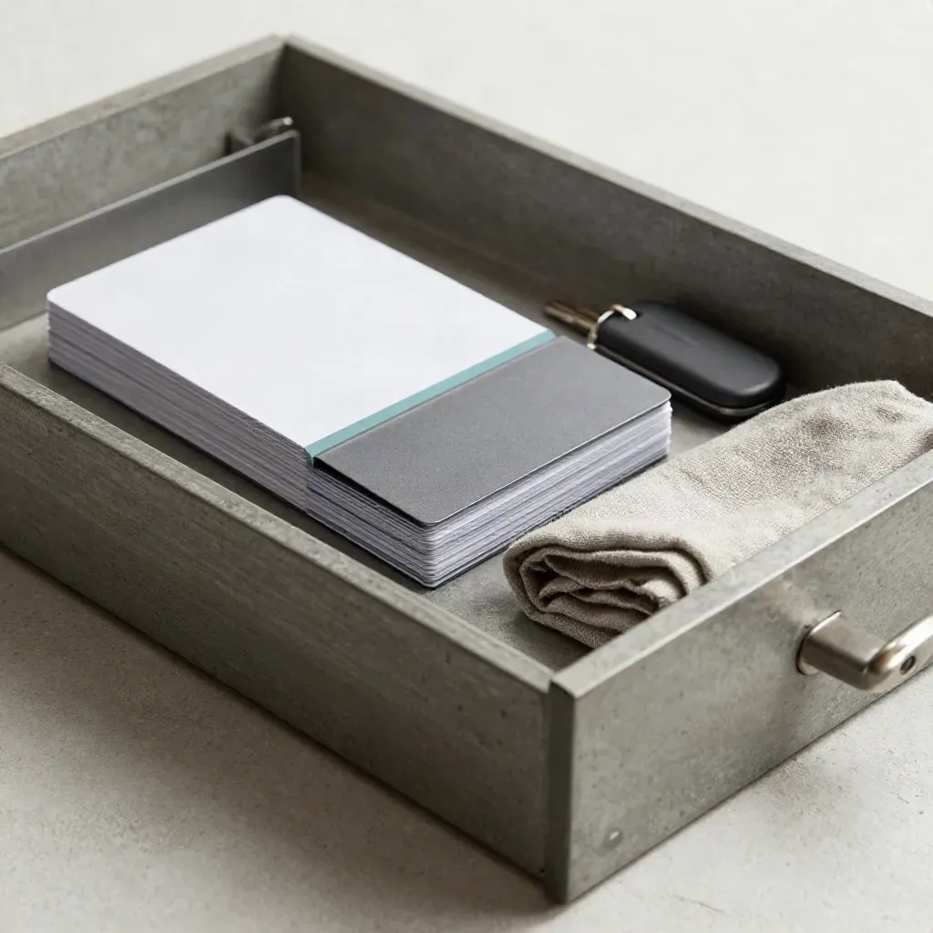 Open cash drawer with transfer cards, card holder, key fob, and folded cloth on concrete tray.
