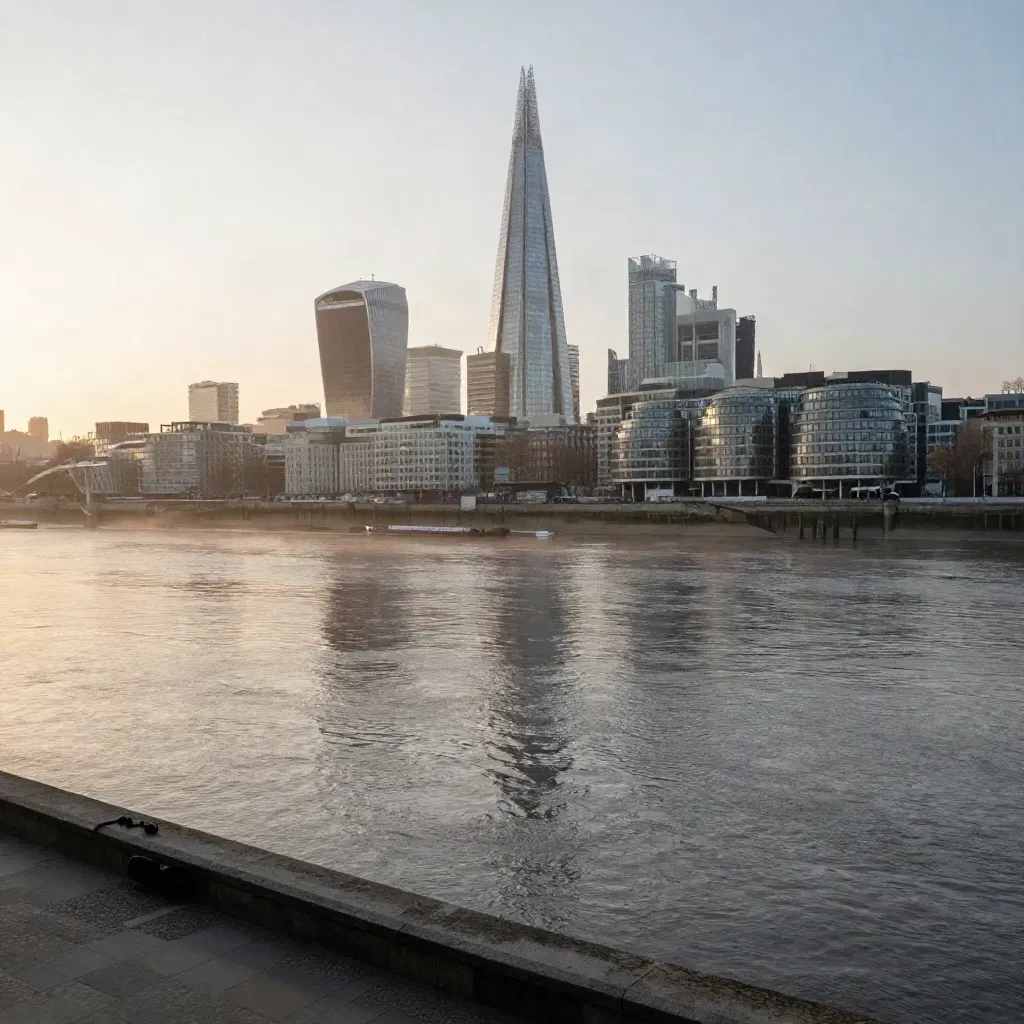 London skyline at dawn above a calm misty Thames with warm reflections