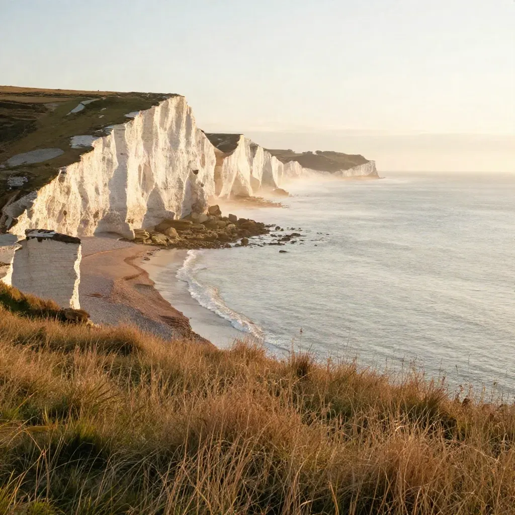Golden chalk cliffs and a pale sea line at sunset above calm coastal grassland