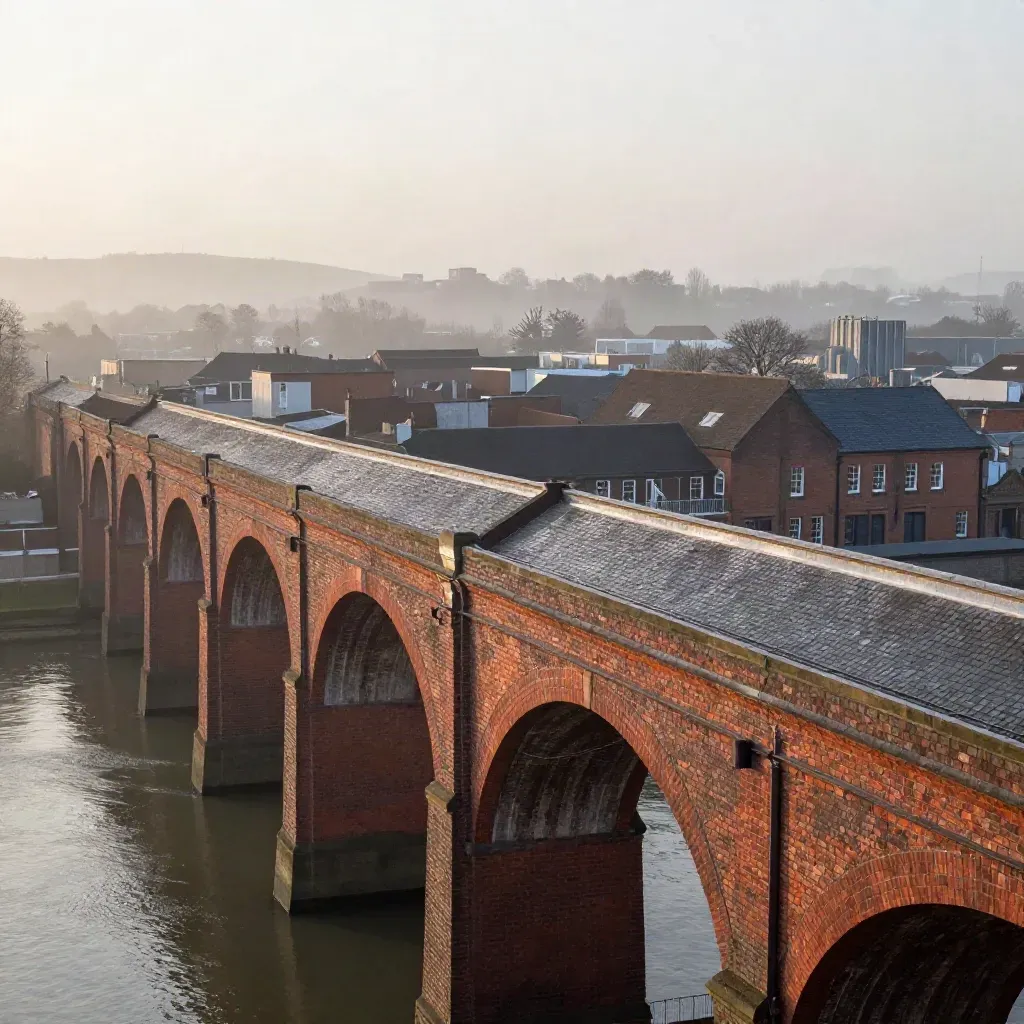 Misted Midlands canal basin with red-brick viaducts and slate rooftops at dusk.