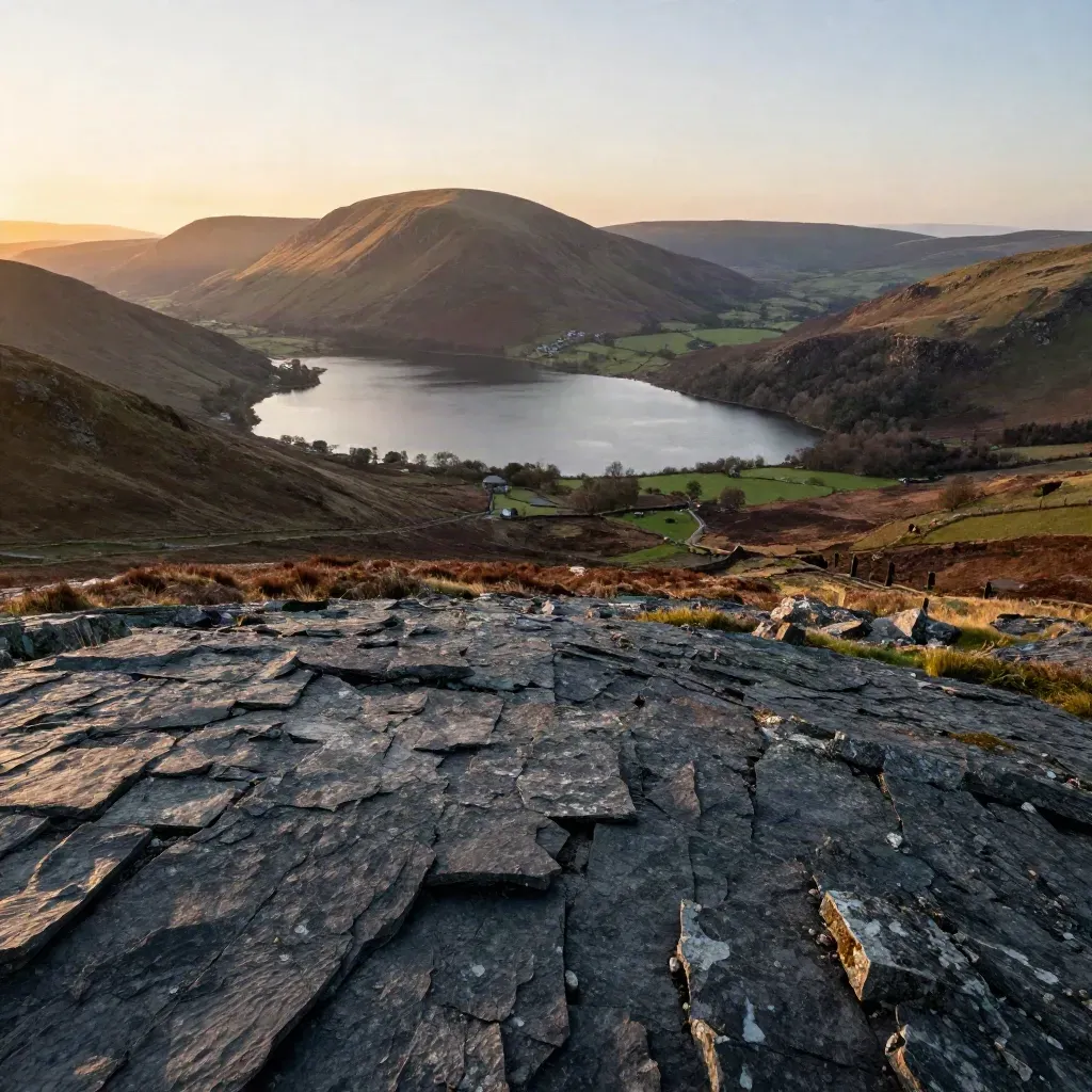 Lake District fell line above a still tarn in warm sunset haze