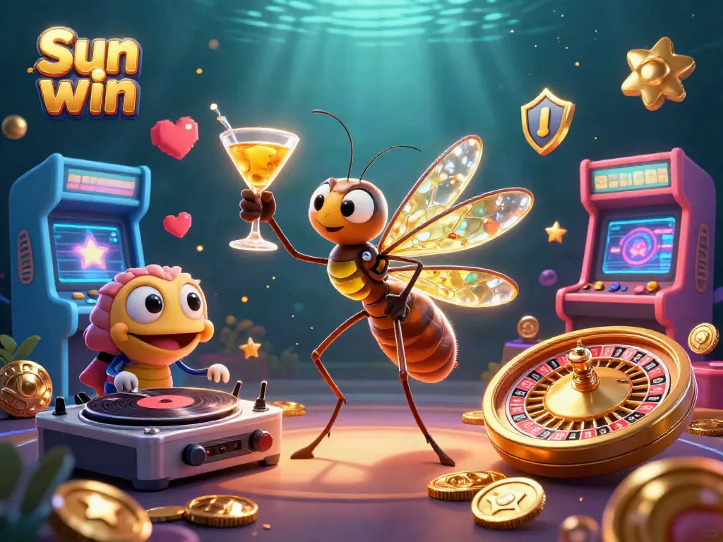 Experience the excitement of Sun win with our vibrant casino-themed illustration featuring animated characters and gaming elements.