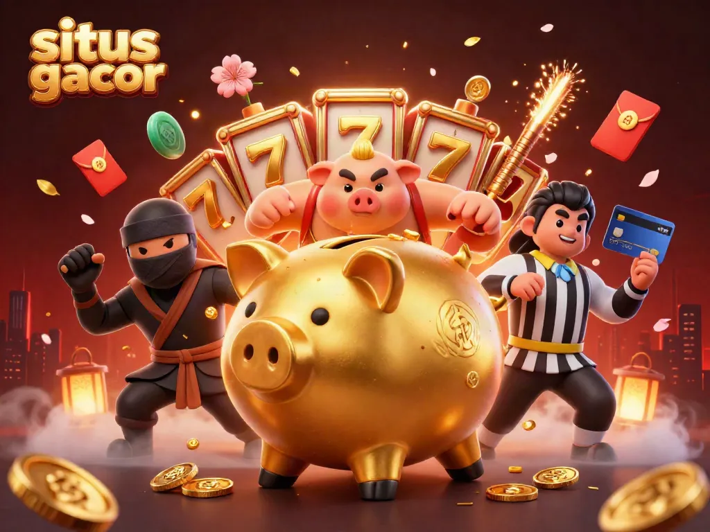 Experience situs slot gacor with a lively scene of characters in a casino-themed environment.