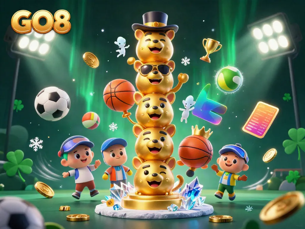 Engage in thrilling gameplay at GO8 with a vibrant 3D scene filled with sports elements and casino excitement.