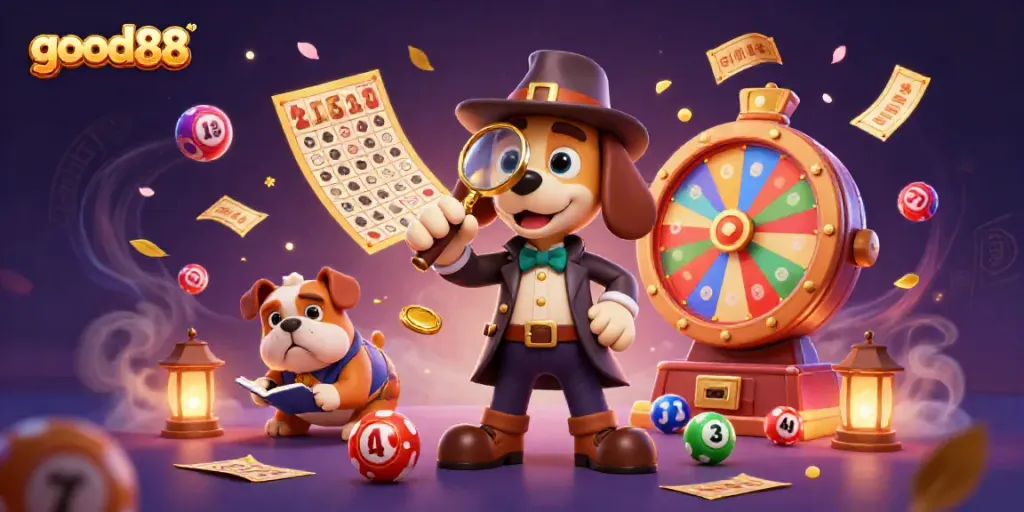 Explore the enchanting world of good88 with a detective dog uncovering casino treasures amidst vibrant game elements.