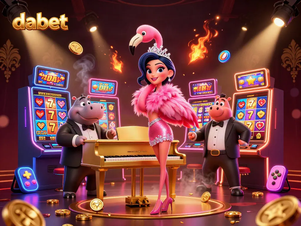 Spin and win with dabet in a vibrant casino scene featuring colorful slot machines and lively characters.