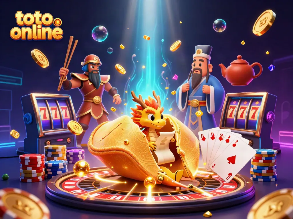 Engage in toto online gaming with a vibrant, dynamic scene featuring a golden fortune cookie and casino elements.