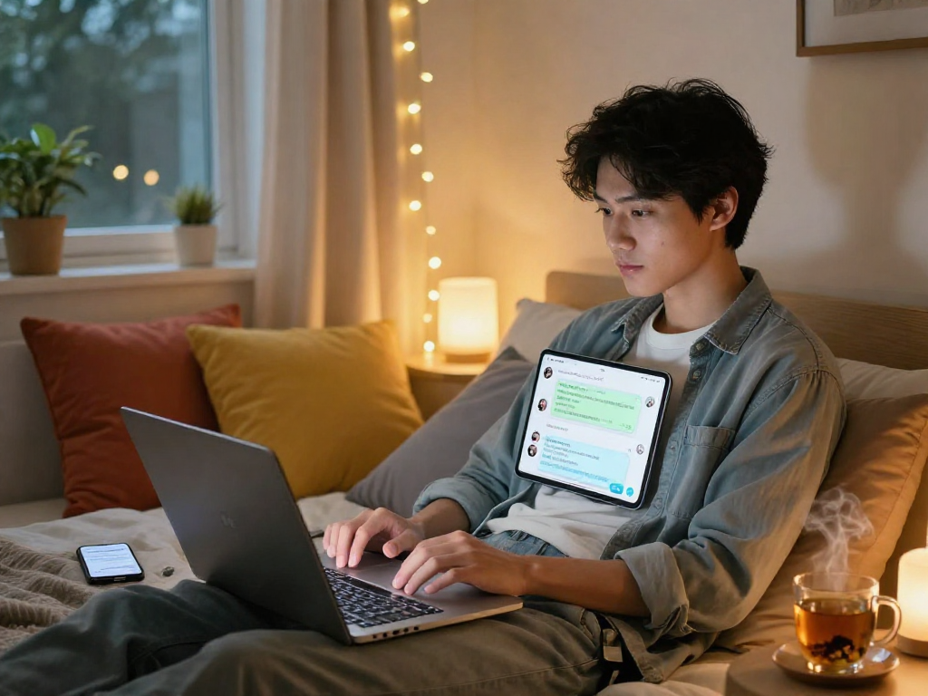 Engaging individual enjoying nsfw ai chat on a laptop in a cozy bedroom setting.