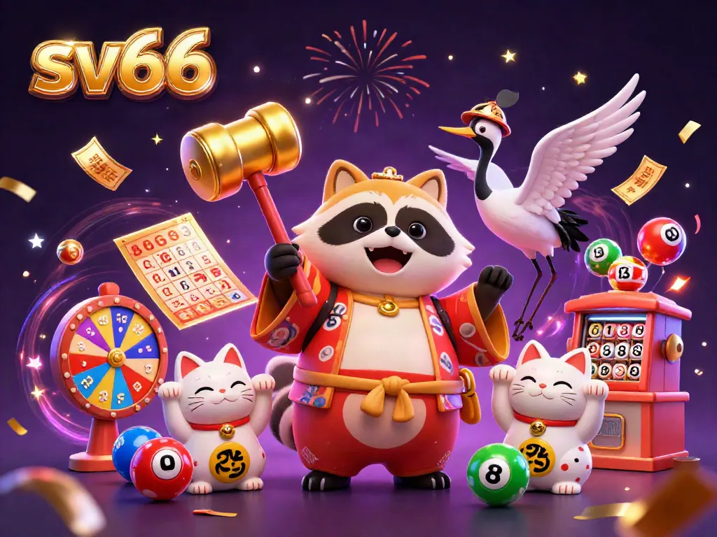 Experience thrilling gaming options at sv66 with playful tanuki, vibrant lottery elements, and festive colors.