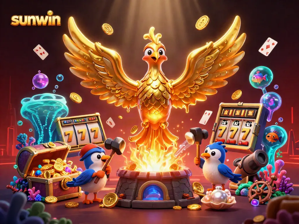 Experience thrilling gaming at Sunwin with a majestic phoenix, lively slots, and underwater treasures.