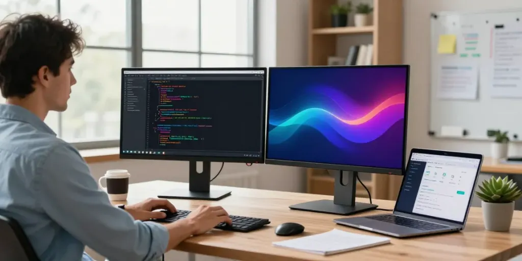 Developer using instant indexing tools in a modern workspace with dual monitors and natural light.